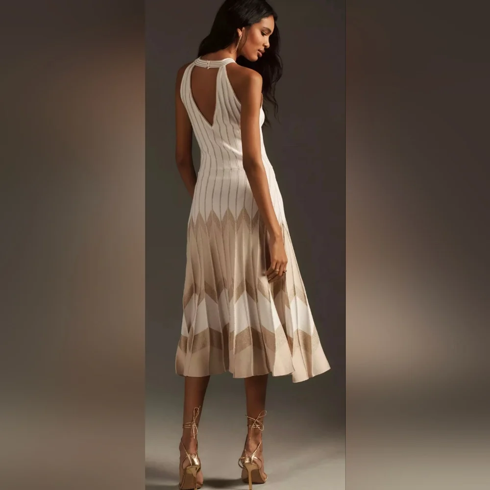 Anthropologie White/Gold Pleated Drop Waist Knit Midi Dress - Picture 6 of 8